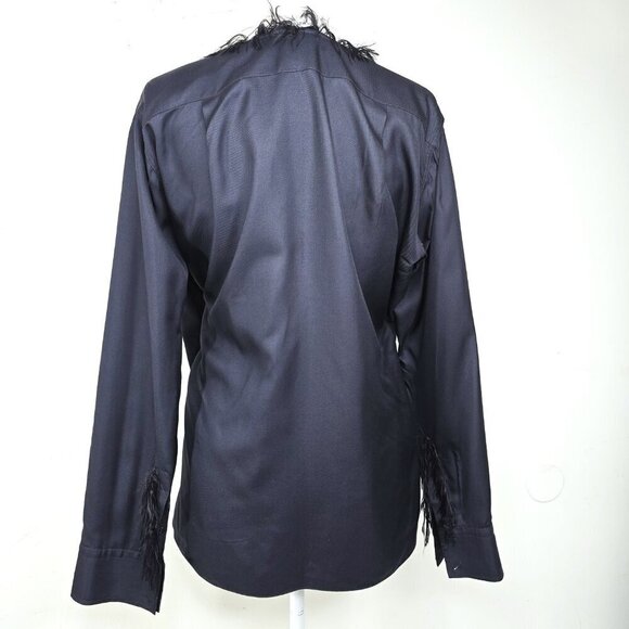 Helmut Lang Black Navy Twill Fringe Feather Silk Long Sleeve Blouse - Picture 7 of 11